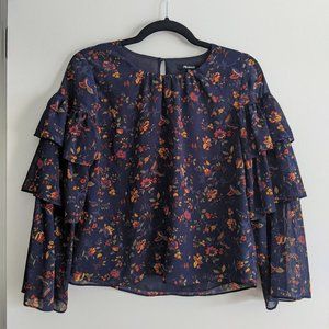 Madewell Blouse Size XXS Navy Blue Ruffle Floral